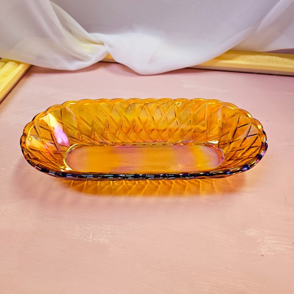 Indiana Glass Iridescent Amber Pretzel, Celery, Bread, Serving Dish, Carnival